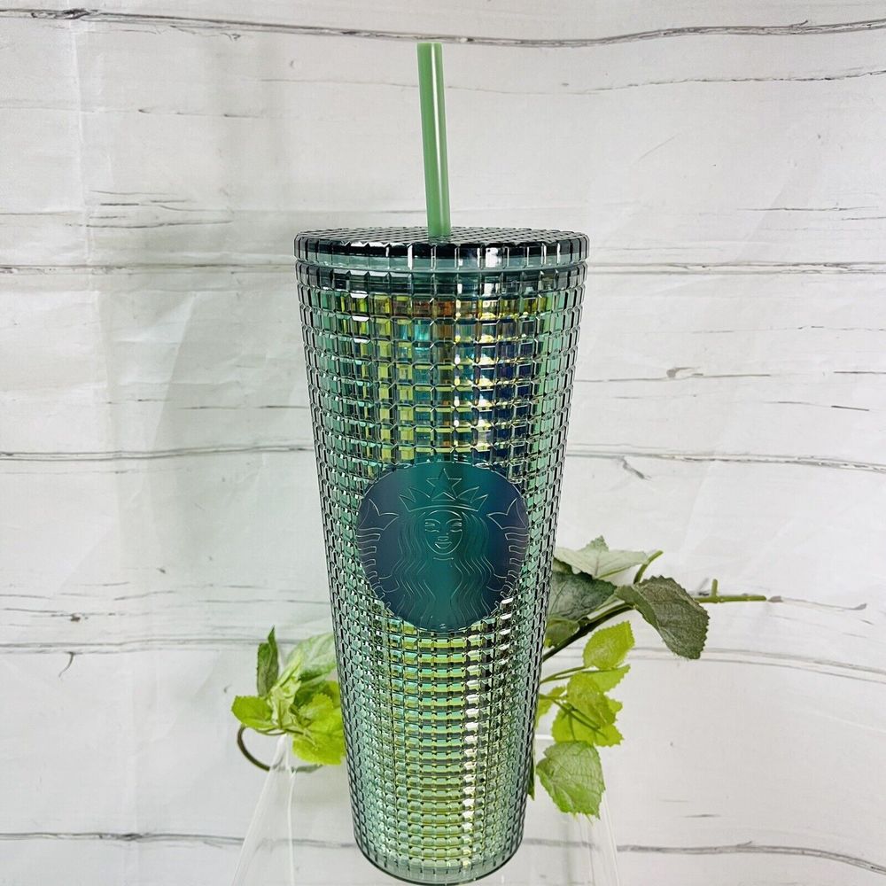 New Starbucks Venti Fall Rainforest Green 24oz Studded Grid Cold Cup Tumbler